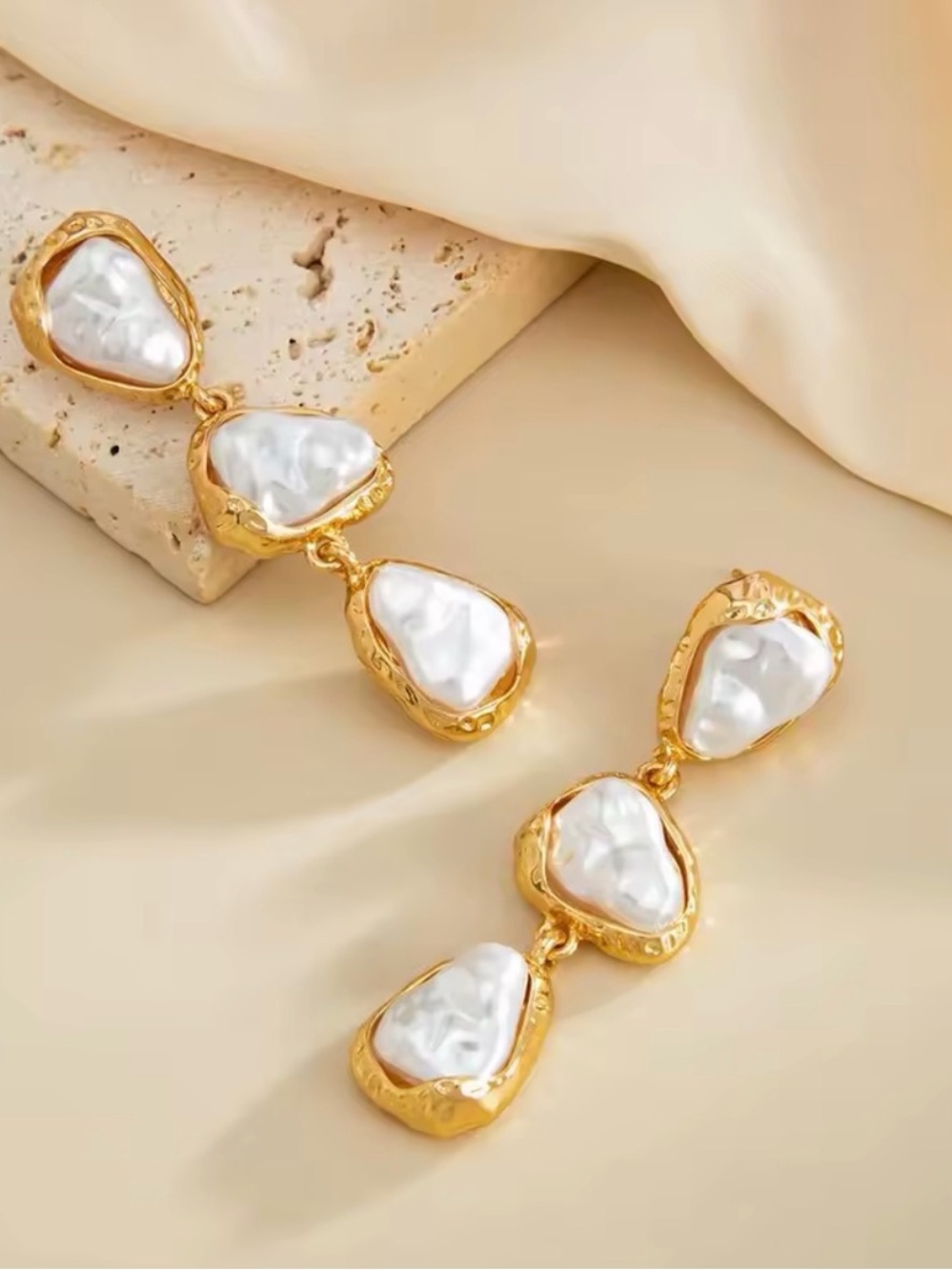 Drop Gold Triple White Baroque Pearl Drop Earrings - Picture 7 of 9
